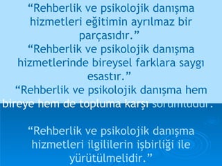 “ Rehberlik ve psikolojik danışma hizmetleri eğitimin ayrılmaz bir parçasıdır.”  “Rehberlik ve psikolojik danışma hizmetlerinde bireysel farklara saygı esastır.”  “Rehberlik ve psikolojik danışma hem  bireye hem de topluma karşı  sorumludur.”  “Rehberlik ve psikolojik danışma hizmetleri ilgililerin işbirliği ile yürütülmelidir.” 