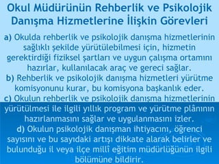 a)  Okulda rehberlik ve psikolojik danışma hizmetlerinin sağlıklı şekilde yürütülebilmesi için, hizmetin gerektirdiği fiziksel şartları ve uygun çalışma ortamını hazırlar, kullanılacak araç ve gereci sağlar. b)  Rehberlik ve psikolojik danışma hizmetleri yürütme komisyonunu kurar, bu komisyona başkanlık eder. c)  Okulun rehberlik ve psikolojik danışma hizmetlerinin   yürütülmesi ile ilgili yıllık program ve yürütme plânının hazırlanmasını sağlar ve uygulanmasını izler. d)  Okulun psikolojik danışman ihtiyacını, öğrenci sayısını ve bu sayıdaki artışı dikkate alarak belirler ve bulunduğu il veya ilçe millî eğitim müdürlüğünün ilgili bölümüne bildirir. Okul Müdürünün Rehberlik ve Psikolojik Danışma Hizmetlerine İlişkin Görevleri 