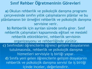 a)  Okulun rehberlik ve psikolojik danışma programı çerçevesinde sınıfın yıllık çalışmalarını plânlar ve bu plânlamanın bir örneğini rehberlik ve psikolojik danışma servisine verir. b)  Rehberlik için ayrılan sürede sınıfa girer. Sınıf rehberlik çalışmaları kapsamında eğitsel ve meslekî rehberlik etkinliklerini, rehberlik servisinin organizasyonu ve rehberliğinde yürütür. c)  Sınıfındaki öğrencilerin öğrenci gelişim dosyalarının tutulmasında, rehberlik ve psikolojik danışma hizmetleri servisiyle iş birliği yapar. d)  Sınıfa yeni gelen öğrencilerin gelişim dosyalarını rehberlik ve psikolojik danışma servisi ile iş birliği içinde inceler, değerlendirir. Sınıf Rehber Öğretmeninin Görevleri  