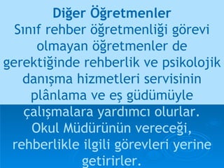 Diğer Öğretmenler Sınıf rehber öğretmenliği görevi olmayan öğretmenler de gerektiğinde rehberlik ve psikolojik danışma hizmetleri servisinin plânlama ve eş güdümüyle   çalışmalara yardımcı olurlar. Okul Müdürünün vereceği, rehberlikle ilgili görevleri yerine getirirler. 