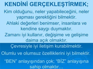 KENDİNİ GERÇEKLEŞTİRMEK; Kim olduğunu, neler yapabileceğini, neler yapması gerektiğini bilmektir. Ahlaki değerleri benimser, insanlara ve kendine saygı duymaktır. Zamanı iyi kullanır, değişime ve gelişime daima açık olmaktır. Çevresiyle iyi iletişim kurabilmektir. Olumlu ve olumsuz özelliklerini iyi bilmektir.  “ BEN” anlayışından çok; “BİZ” anlayışına sahip olmaktır… 