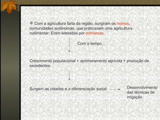  Com a agricultura farta da região, surgiram os nomos,
comunidades autônomas, que praticavam uma agricultura
rudimentar. Eram lideradas por nomarcas.
Com o tempo...

Crescimento populacional + aprimoramento agrícola + produção de
excedentes.

Surgem as cidades e a diferenciação social

Desenvolvimento
das técnicas de
irrigação.

 