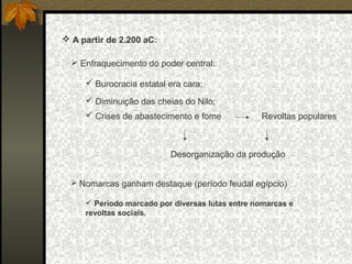  A partir de 2.200 aC:
 Enfraquecimento do poder central:
 Burocracia estatal era cara;
 Diminuição das cheias do Nilo;
 Crises de abastecimento e fome

Revoltas populares

Desorganização da produção
 Nomarcas ganham destaque (período feudal egípcio)
 Período marcado por diversas lutas entre nomarcas e
revoltas sociais.

 