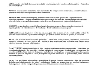 VIZIR: A maior autoridade depois do faraó. Cabia a ele tomar decisões jurídicas, administrativas e financeiras
em nome do faraó.
NOBRES: Descendentes das famílias mais importantes dos antigos nomos cuidavam da administração das
províncias ou ocupavam os postos mais altos do exército.
SACERDOTES: detinham muito poder, administravam todos os bens que os fiéis e o próprio Estado
ofereciam aos deuses e tinham muita influência junto ao faraó. Enriqueciam porque ficavam com parte das
oferendas feitas pela população aos deuses, além de serem dispensados do pagamento de impostos.
ESCRIBAS: os que dominavam a difícil escrita egípcia, encarregavam-se da cobrança dos impostos, da
organização das leis e dos decretos e da fiscalização da atividade econômica em geral.
SOLDADOS: nunca atingiam os postos de comando, pois estes eram reservados à nobreza.Eles viviam dos
produtos recebidos como pagamento e dos saques que podiam realizar durante as guerras de conquista.
ARTESÃOS: exerciam as mais diversas profissões. Trabalhavam como pedreiros, carpinteiros, desenhistas,
escultores, pintores, tecelões, ourives, etc. Muitas de suas atividades eram realizadas nas grandes obras
públicas (templos, túmulos, palácios, etc.).
CAMPONESES: chamados no Egito de felás, constituíam a imensa maioria da população. Trabalhavam nas
propriedades do faraó e dos sacerdotes e tinham o direito de conservar para si apenas uma pequena parte dos
produtos colhidos. Eram também obrigados a trabalhar na construção de obras públicas grandiosas, como
abertura de estradas, limpeza de canais, transportes de pedras necessárias às grandes obras, como túmulos,
templos e palácios.
ESCRAVOS: geralmente estrangeiros e prisioneiros de guerra, também compunham a base da sociedade.
Trabalhavam, principalmente, nas minas e pedreiras do Estado, nas terras reais e nos templos. Muitas vezes
faziam parte do exército em época de guerra e eram utilizados como escravos domésticos .
 