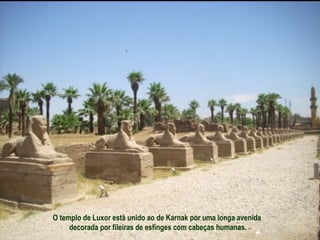 O templo de Luxor está unido ao de Karnak por uma longa avenida  decorada por fileiras de esfinges com cabeças humanas.   
