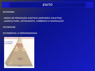 EGITO

ECONOMIA

- MODO DE PRODUÇÃO ASIÁTICO (SERVIDÃO COLETIVA)
- AGRICULTURA, ARTESANATO, COMÉRCIO E NAVEGAÇÃO

SOCIEDADE

ESTAMENTAL E HIERARQUIZADA
 