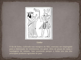 Linho

O fio de linho, cultivado nas margens do Nilo, costuma ser empregado
para a fabricação de vestimentas em geral, além de peças de cama e
bandagens de múmia. Isso acontecia porque o linho era um dos
principais produtos agrícolas do país.
 