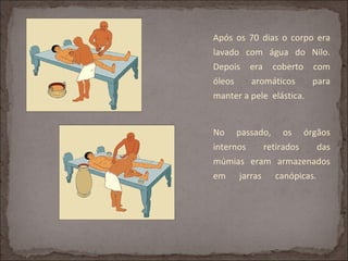 Após os 70 dias o corpo era
lavado com água do Nilo.
Depois era coberto com
óleos    aromáticos     para
manter a pele elástica.


No passado, os órgãos
internos  retirados  das
múmias eram armazenados
em jarras canópicas.
 