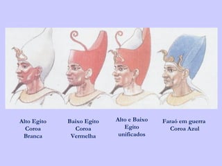 Alto Egito   Baixo Egito   Alto e Baixo   Faraó em guerra
  Coroa        Coroa          Egito         Coroa Azul
 Branca       Vermelha      unificados
 