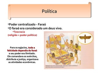 •Poder centralizado - Faraó
•O faraó era considerado um deus vivo.
•Teocracia
(religião + poder político)
PolíticaPolíticaPolíticaPolítica
Para os egípcios,Para os egípcios, toda atoda a
felicidade dependia do faraófelicidade dependia do faraó
e seu poder era ilimitado.e seu poder era ilimitado.
Ele comandava os exércitos,Ele comandava os exércitos,
distribuía a justiça, organizavadistribuía a justiça, organizava
as atividades econômicas.as atividades econômicas.
 
