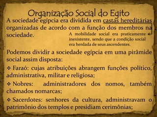 A sociedade egípcia era dividida em castas hereditárias
organizadas de acordo com a função dos membros na
sociedade.
Podemos dividir a sociedade egípcia em uma pirâmide
social assim disposta:
 Faraó: cujas atribuições abrangem funções político,
administrativa, militar e religiosa;
 Nobres: administradores dos nomos, também
chamados nomarcas;
 Sacerdotes: senhores da cultura, administravam o
patrimônio dos templos e presidiam cerimônias;
A mobilidade social era praticamente
inexistente, sendo que a condição social
era herdada de seus ascendentes.
 