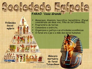 FARAÓ “Casa Grande”
 Monarquia Absoluta teocrática hereditária; (Faraó
considerado um deus vivo, filho do Sol (Amon-Rá);
 Proprietário de terras;
 Comandava o exército,
 Organizava a justiça e as atividades econômicas.
 O faraó era o pai e a mãe dos seres humanos;

Pirâmides
Social
egípcia
Máscara
mortuária
do faraó
TutancâmonProf. Douglas Barraqui
www.dougnahistoria.blogspot.com
 