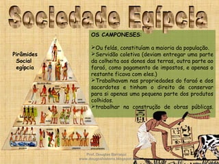 OS CAMPONESES:
Ou felás, constituíam a maioria da população.
Servidão coletiva (deviam entregar uma parte
da colheita aos donos das terras, outra parte ao
faraó, como pagamento de impostos, e apenas o
restante ficava com eles.)
Trabalhavam nas propriedades do faraó e dos
sacerdotes e tinham o direito de conservar
para si apenas uma pequena parte dos produtos
colhidos.
trabalhar na construção de obras públicas.
Pirâmides
Social
egípcia
Prof. Douglas Barraqui
www.dougnahistoria.blogspot.com
 