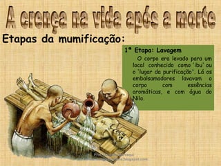 Etapas da mumificação:
1ª Etapa: Lavagem
O corpo era levado para um
local conhecido como 'ibu' ou
o 'lugar da purificação'. Lá os
embalsamadores lavavam o
corpo com essências
aromáticas, e com água do
Nilo.
Prof. Douglas Barraqui
www.dougnahistoria.blogspot.com
 