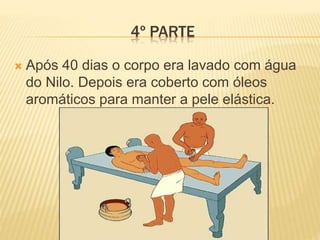 4º PARTE 
 Após 40 dias o corpo era lavado com água 
do Nilo. Depois era coberto com óleos 
aromáticos para manter a pele elástica. 
 