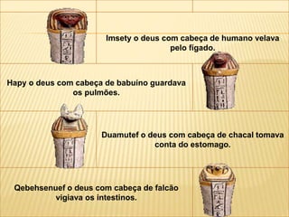 Imsety o deus com cabeça de humano velava 
pelo fígado. 
Hapy o deus com cabeça de babuíno guardava 
os pulmões. 
Duamutef o deus com cabeça de chacal tomava 
conta do estomago. 
Qebehsenuef o deus com cabeça de falcão 
vigiava os intestinos. 
 