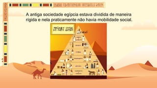 A antiga sociedade egípcia estava dividida de maneira
rígida e nela praticamente não havia mobilidade social.
 
