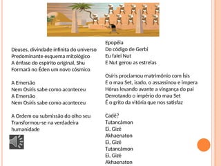 Deuses, divindade infinita do universo
Predominante esquema mitológico
A ênfase do espírito original, Shu
Formará no Éden um novo cósmico
A Emersão
Nem Osíris sabe como aconteceu
A Emersão
Nem Osíris sabe como aconteceu
A Ordem ou submissão do olho seu
Transformou-se na verdadeira
humanidade
Epopéia
Do código de Gerbi
Eu falei Nut
E Nut gerou as estrelas
Osíris proclamou matrimônio com Ísis
E o mau Set, irado, o assassinou e impera
Hórus levando avante a vingança do pai
Derrotando o império do mau Set
É o grito da vitória que nos satisfaz
Cadê?
Tutancâmon
Ei, Gizé
Akhaenaton
Ei, Gizé
Tutancâmon
Ei, Gizé
Akhaenaton
 