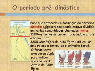 O período pré-dinástico
Fase que antecedeu a formação da primeira
dinastia egípcia.A sociedade estava dividida
em várias comunidades chamadas nomos.
3500-os nomos se uniram formando o alto e
o baixo Egito;
3200-Menés(rei do Alto Egito)unificou os
dois reinos e tornou-se o primeiro faraó.
O faraó usava
uma coroa dupla
para indicar
que era rei do
Alto e do Baixo
Egito.
 