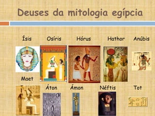 Deuses da mitologia egípcia
Ísis Osíris Hórus Hathor Anúbis
Maet
Áton Ámon Néftis Tot
 