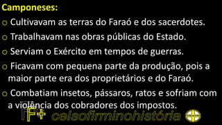 Camponeses:
o Cultivavam as terras do Faraó e dos sacerdotes.
o Trabalhavam nas obras públicas do Estado.
o Serviam o Exército em tempos de guerras.
o Ficavam com pequena parte da produção, pois a
maior parte era dos proprietários e do Faraó.
o Combatiam insetos, pássaros, ratos e sofriam com
a violência dos cobradores dos impostos.
 