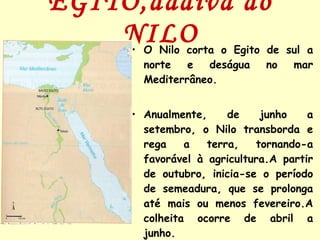 EGITO,dádiva do NILO O Nilo corta o Egito de sul a norte e deságua no mar Mediterrâneo. Anualmente, de junho a setembro, o Nilo transborda e rega a terra, tornando-a favorável à agricultura.A partir de outubro, inicia-se o período de semeadura, que se prolonga até mais ou menos fevereiro.A colheita ocorre de abril a junho. 