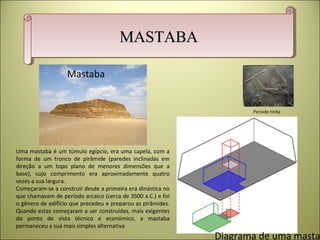 MASTABAMASTABAMASTABAMASTABA
Período tinita
Mastaba
Uma mastaba é um túmulo egípcio, era uma capela, com a
forma de um tronco de pirâmide (paredes inclinadas em
direção a um topo plano de menores dimensões que a
base), cujo comprimento era aproximadamente quatro
vezes a sua largura.
Começaram-se a construir desde a primeira era dinástica no
que chamavam de período arcaico (cerca de 3500 a.C.) e foi
o gênero de edifício que precedeu e preparou as pirâmides.
Quando estas começaram a ser construídas, mais exigentes
do ponto de vista técnico e económico, a mastaba
permaneceu a sua mais simples alternativa
Diagrama de uma masta
 