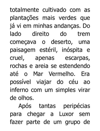 totalmente cultivado com as
plantações mais verdes que
já vi em minhas andanças. Do
lado
direito
do
trem
começava o deserto, uma
paisagem estéril, inóspita e
cruel,
apenas
escarpas,
rochas e areia se estendendo
até o Mar Vermelho. Era
possível viajar do céu ao
inferno com um simples virar
de olhos.
Após tantas peripécias
para chegar a Luxor sem
fazer parte de um grupo de

 