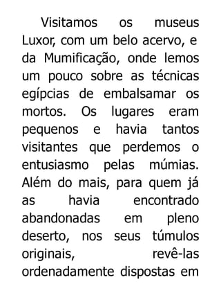 Visitamos
os
museus
Luxor, com um belo acervo, e
da Mumificação, onde lemos
um pouco sobre as técnicas
egípcias de embalsamar os
mortos. Os lugares eram
pequenos e havia tantos
visitantes que perdemos o
entusiasmo pelas múmias.
Além do mais, para quem já
as
havia
encontrado
abandonadas
em
pleno
deserto, nos seus túmulos
originais,
revê-las
ordenadamente dispostas em

 