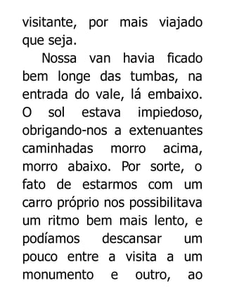 visitante, por mais viajado
que seja.
Nossa van havia ficado
bem longe das tumbas, na
entrada do vale, lá embaixo.
O sol estava impiedoso,
obrigando-nos a extenuantes
caminhadas morro acima,
morro abaixo. Por sorte, o
fato de estarmos com um
carro próprio nos possibilitava
um ritmo bem mais lento, e
podíamos
descansar
um
pouco entre a visita a um
monumento e outro, ao

 