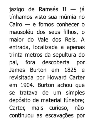 jazigo de Ramsés II — já
tínhamos visto sua múmia no
Cairo — e fomos conhecer o
mausoléu dos seus filhos, o
maior do Vale dos Reis. A
entrada, localizada a apenas
trinta metros da sepultura do
pai, fora descoberta por
James Burton em 1825 e
revisitada por Howard Carter
em 1904. Burton achou que
se tratava de um simples
depósito de material fúnebre;
Carter, mais curioso, não
continuou as escavações por

 