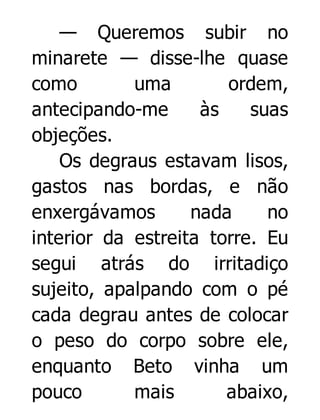 — Queremos subir no
minarete — disse-lhe quase
como
uma
ordem,
antecipando-me
às
suas
objeções.
Os degraus estavam lisos,
gastos nas bordas, e não
enxergávamos
nada
no
interior da estreita torre. Eu
segui atrás do irritadiço
sujeito, apalpando com o pé
cada degrau antes de colocar
o peso do corpo sobre ele,
enquanto Beto vinha um
pouco
mais
abaixo,

 