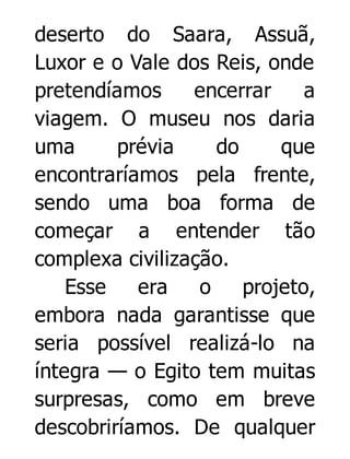 deserto do Saara, Assuã,
Luxor e o Vale dos Reis, onde
pretendíamos
encerrar
a
viagem. O museu nos daria
uma
prévia
do
que
encontraríamos pela frente,
sendo uma boa forma de
começar a entender tão
complexa civilização.
Esse
era
o
projeto,
embora nada garantisse que
seria possível realizá-lo na
íntegra — o Egito tem muitas
surpresas, como em breve
descobriríamos. De qualquer

 