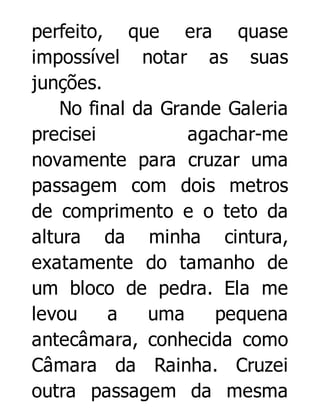 perfeito, que era quase
impossível notar as suas
junções.
No final da Grande Galeria
precisei
agachar-me
novamente para cruzar uma
passagem com dois metros
de comprimento e o teto da
altura da minha cintura,
exatamente do tamanho de
um bloco de pedra. Ela me
levou
a
uma
pequena
antecâmara, conhecida como
Câmara da Rainha. Cruzei
outra passagem da mesma

 