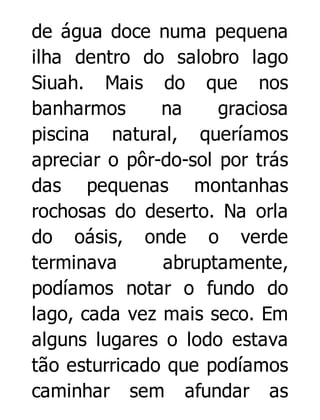 de água doce numa pequena
ilha dentro do salobro lago
Siuah. Mais do que nos
banharmos
na
graciosa
piscina natural, queríamos
apreciar o pôr-do-sol por trás
das pequenas montanhas
rochosas do deserto. Na orla
do oásis, onde o verde
terminava
abruptamente,
podíamos notar o fundo do
lago, cada vez mais seco. Em
alguns lugares o lodo estava
tão esturricado que podíamos
caminhar sem afundar as

 