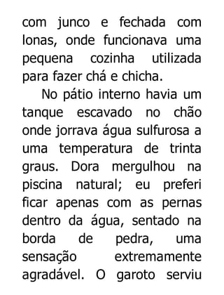 com junco e fechada com
lonas, onde funcionava uma
pequena cozinha utilizada
para fazer chá e chicha.
No pátio interno havia um
tanque escavado no chão
onde jorrava água sulfurosa a
uma temperatura de trinta
graus. Dora mergulhou na
piscina natural; eu preferi
ficar apenas com as pernas
dentro da água, sentado na
borda
de
pedra,
uma
sensação
extremamente
agradável. O garoto serviu

 