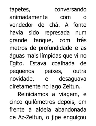 tapetes,
conversando
animadamente
com
o
vendedor de chá. A fonte
havia sido represada num
grande tanque, com três
metros de profundidade e as
águas mais límpidas que vi no
Egito. Estava coalhada de
pequenos
peixes,
outra
novidade,
e
desaguava
diretamente no lago Zeitun.
Reiniciamos a viagem, e
cinco quilômetros depois, em
frente à aldeia abandonada
de Az-Zeitun, o jipe enguiçou

 