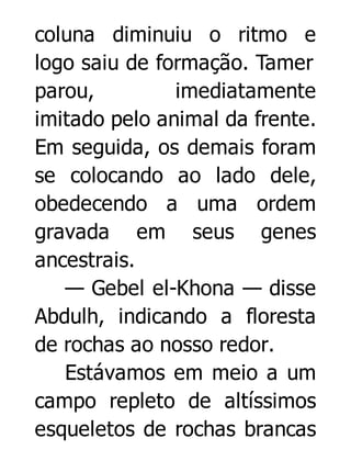 coluna diminuiu o ritmo e
logo saiu de formação. Tamer
parou,
imediatamente
imitado pelo animal da frente.
Em seguida, os demais foram
se colocando ao lado dele,
obedecendo a uma ordem
gravada em seus genes
ancestrais.
— Gebel el-Khona — disse
Abdulh, indicando a floresta
de rochas ao nosso redor.
Estávamos em meio a um
campo repleto de altíssimos
esqueletos de rochas brancas

 