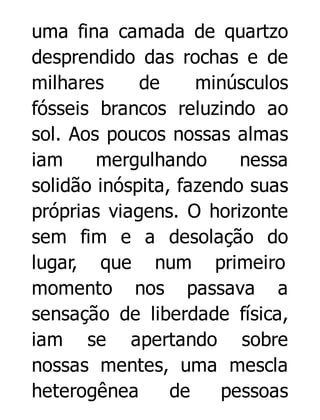 uma fina camada de quartzo
desprendido das rochas e de
milhares
de
minúsculos
fósseis brancos reluzindo ao
sol. Aos poucos nossas almas
iam
mergulhando
nessa
solidão inóspita, fazendo suas
próprias viagens. O horizonte
sem fim e a desolação do
lugar, que num primeiro
momento nos passava a
sensação de liberdade física,
iam se apertando sobre
nossas mentes, uma mescla
heterogênea
de
pessoas

 