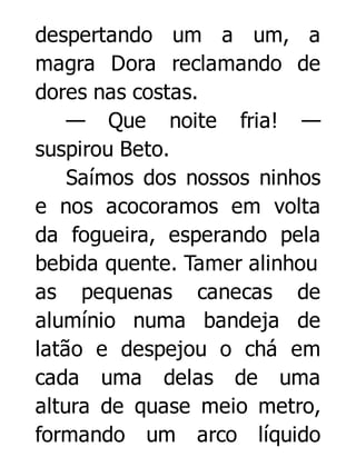 despertando um a um, a
magra Dora reclamando de
dores nas costas.
— Que noite fria! —
suspirou Beto.
Saímos dos nossos ninhos
e nos acocoramos em volta
da fogueira, esperando pela
bebida quente. Tamer alinhou
as pequenas canecas de
alumínio numa bandeja de
latão e despejou o chá em
cada uma delas de uma
altura de quase meio metro,
formando um arco líquido

 