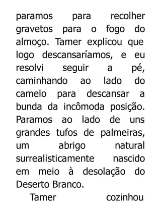 paramos
para
recolher
gravetos para o fogo do
almoço. Tamer explicou que
logo descansaríamos, e eu
resolvi
seguir
a
pé,
caminhando ao lado do
camelo para descansar a
bunda da incômoda posição.
Paramos ao lado de uns
grandes tufos de palmeiras,
um
abrigo
natural
surrealisticamente
nascido
em meio à desolação do
Deserto Branco.
Tamer
cozinhou

 