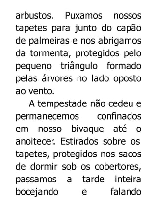arbustos. Puxamos nossos
tapetes para junto do capão
de palmeiras e nos abrigamos
da tormenta, protegidos pelo
pequeno triângulo formado
pelas árvores no lado oposto
ao vento.
A tempestade não cedeu e
permanecemos
confinados
em nosso bivaque até o
anoitecer. Estirados sobre os
tapetes, protegidos nos sacos
de dormir sob os cobertores,
passamos a tarde inteira
bocejando
e
falando

 