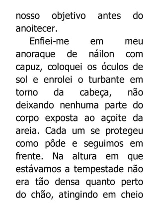 nosso objetivo antes do
anoitecer.
Enfiei-me
em
meu
anoraque de náilon com
capuz, coloquei os óculos de
sol e enrolei o turbante em
torno
da
cabeça,
não
deixando nenhuma parte do
corpo exposta ao açoite da
areia. Cada um se protegeu
como pôde e seguimos em
frente. Na altura em que
estávamos a tempestade não
era tão densa quanto perto
do chão, atingindo em cheio

 