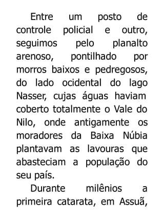 Entre
um
posto
de
controle policial e outro,
seguimos
pelo
planalto
arenoso,
pontilhado
por
morros baixos e pedregosos,
do lado ocidental do lago
Nasser, cujas águas haviam
coberto totalmente o Vale do
Nilo, onde antigamente os
moradores da Baixa Núbia
plantavam as lavouras que
abasteciam a população do
seu país.
Durante
milênios
a
primeira catarata, em Assuã,

 