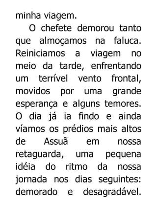 minha viagem.
O chefete demorou tanto
que almoçamos na faluca.
Reiniciamos a viagem no
meio da tarde, enfrentando
um terrível vento frontal,
movidos por uma grande
esperança e alguns temores.
O dia já ia findo e ainda
víamos os prédios mais altos
de
Assuã
em
nossa
retaguarda, uma pequena
idéia do ritmo da nossa
jornada nos dias seguintes:
demorado e desagradável.

 