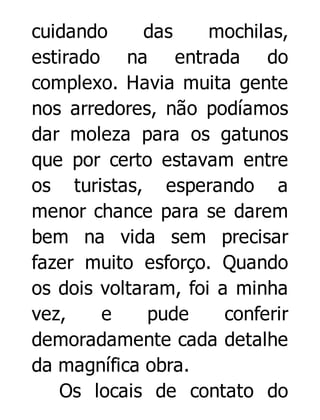 cuidando
das
mochilas,
estirado na entrada do
complexo. Havia muita gente
nos arredores, não podíamos
dar moleza para os gatunos
que por certo estavam entre
os turistas, esperando a
menor chance para se darem
bem na vida sem precisar
fazer muito esforço. Quando
os dois voltaram, foi a minha
vez,
e
pude
conferir
demoradamente cada detalhe
da magnífica obra.
Os locais de contato do

 