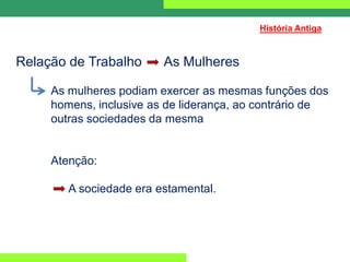 Relação de Trabalho As Mulheres
As mulheres podiam exercer as mesmas funções dos
homens, inclusive as de liderança, ao contrário de
outras sociedades da mesma
Atenção:
A sociedade era estamental.
História Antiga
 