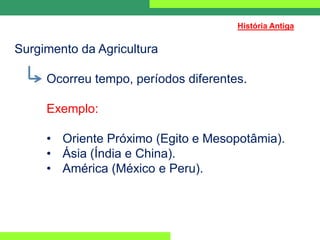 Surgimento da Agricultura
Ocorreu tempo, períodos diferentes.
Exemplo:
• Oriente Próximo (Egito e Mesopotâmia).
• Ásia (Índia e China).
• América (México e Peru).
História Antiga
 