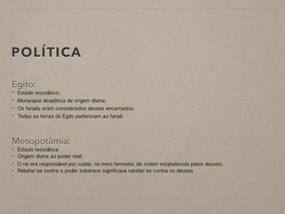 POLÍTICA
Egito:
- Estado teocrático;
- Monarquia despótica de origem divina;
- Os faraós eram considerados deuses encarnados;
- Todas as terras do Egito pertenciam ao faraó
Mesopotâmia:
- Estado teocrática
- Origem divina ao poder real;
- O rei era responsável por cuidar, no meio terrestre, da ordem estabelecida pelos deuses;
- Rebelar-se contra o poder soberano significava rebelar-se contra os deuses
 