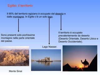 Egitto: il territorio

     Il 95% del territorio egiziano è occupato dal deserto e
     dalle montagne. In Egitto c’è un solo lago.




                                                     Il territorio è occupato
Sono presenti solo pochissime                        prevalentemente da deserto
montagne nella parte orientale                       (Deserto Orientale, Deserto Libico e
del paese.                                           Deserto Occidentale).

                                      Lago Nasser.




       Monte Sinai
 